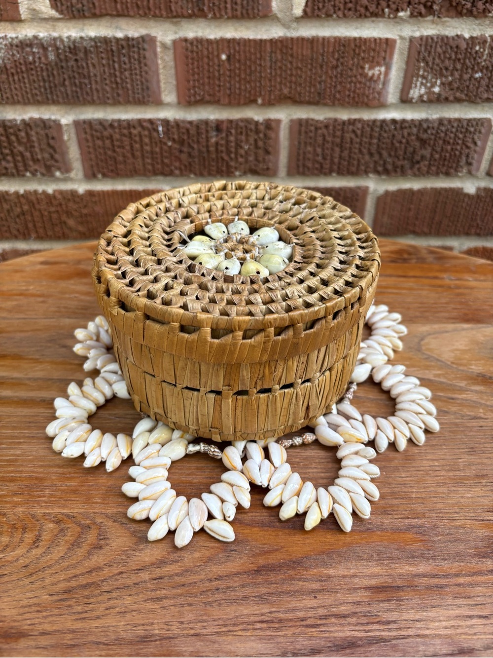 Woven Raffia Cowrie Shell Coasters Boho Coastal Tiki Bar & Seashell Trivet
